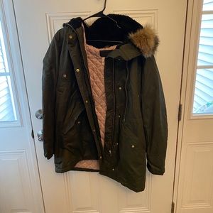 J. CREW Green Winter Coat with Pink Lining